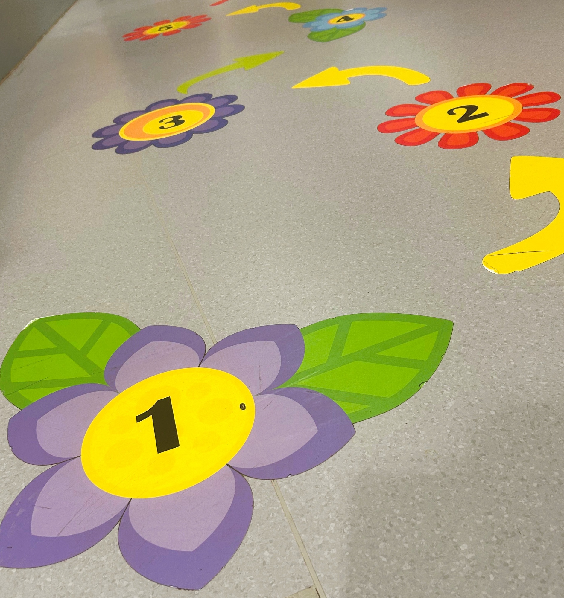 Sensory walkway on the school floor - flowers and numbers stepping path