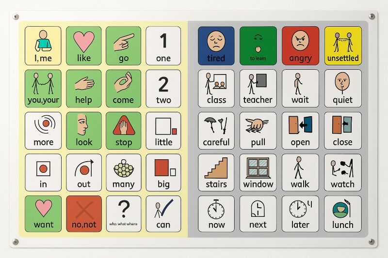 An example of a communication board that is used around the school