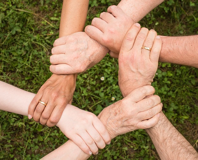 Six hands of different skin tones forming a connected circle by holding each other's wrists, set against a background of green grass. Some hands have rings..