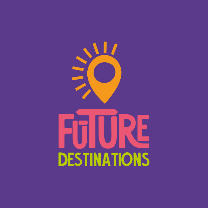 Logo with a purple background featuring an orange map pin with sun rays, symbolizing a bright future or travel destination. Below the icon, the text reads 'FUTURE DESTINATIONS' in bold pink and green letters