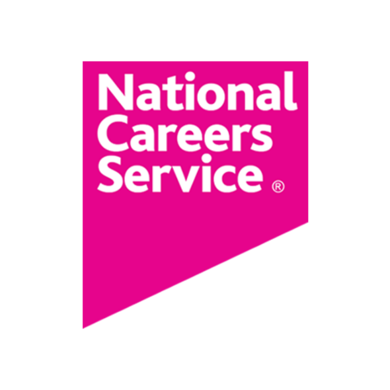 Logo with a bright pink background shaped like an irregular quadrilateral, featuring white text that reads 'National Careers Service®'